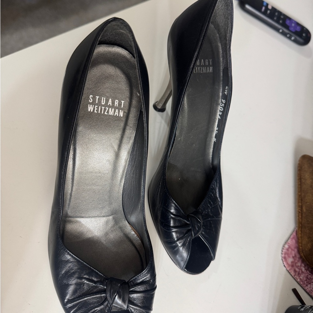 Stuart Weitzman Black Knotted Peep-Toe Stiletto Pumps